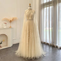 Luxury Beaded Beige Evening Dress with Cape Sleeve SS495