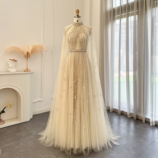 Luxury Beaded Beige Evening Dress with Cape Sleeve SS495