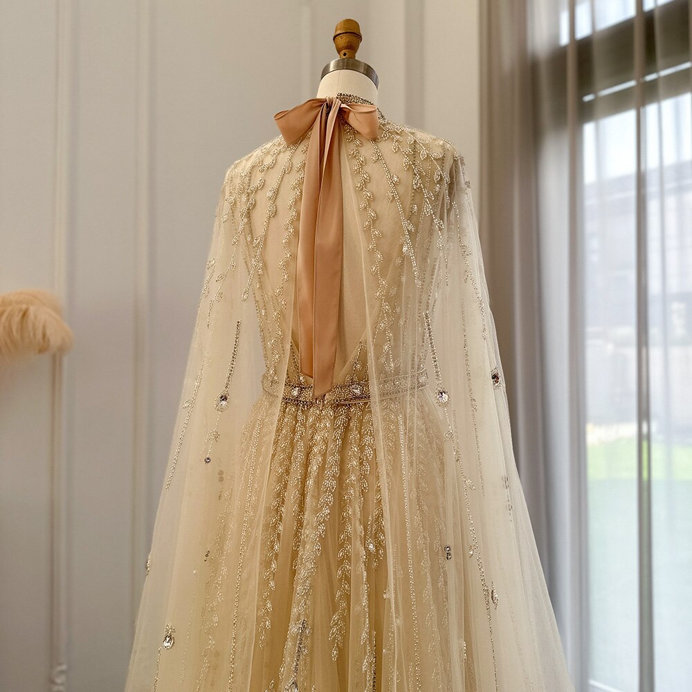 Luxury Beaded Beige Evening Dress with Cape Sleeve SS495