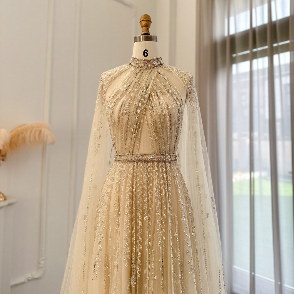 Luxury Beaded Beige Evening Dress with Cape Sleeve SS495