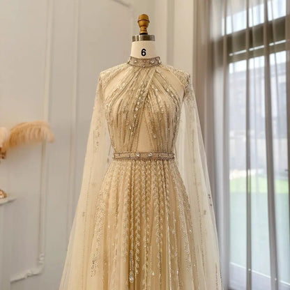 Luxury Beaded Evening Dress with Cape Sleeve SS495