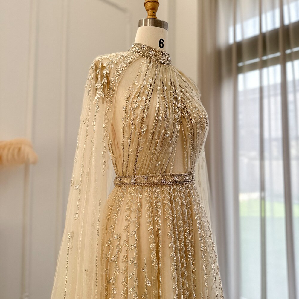 Luxury Beaded Beige Evening Dress with Cape Sleeve SS495