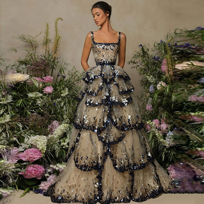 Luxury Black Champagne Sequin Tiered Ruffles Evening Dresses SS243