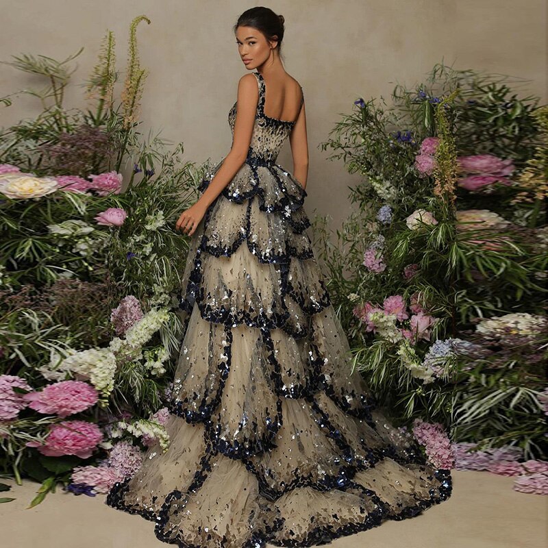 Luxury Black Champagne Sequin Tiered Ruffles Evening Dresses SS243