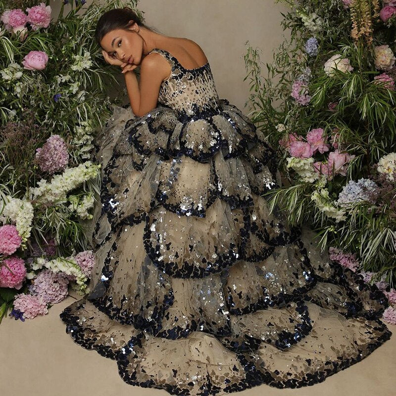 Luxury Black Champagne Sequin Tiered Ruffles Evening Dresses SS243