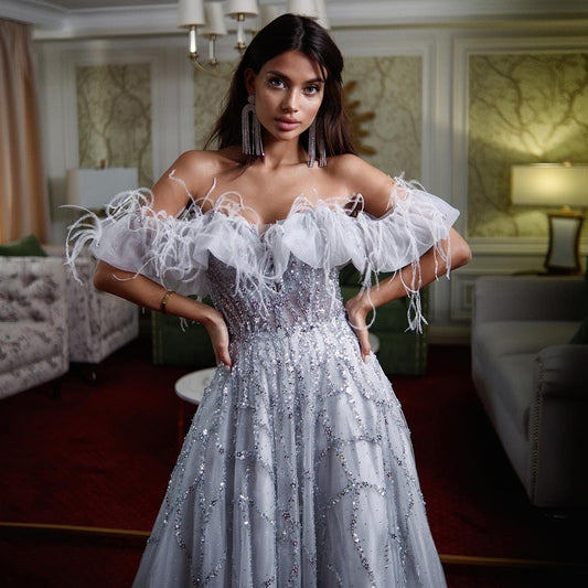 Luxury Feather Silver Beaded A-Line Evening Dress SS081