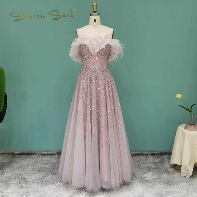 Luxury Feather Silver Beaded A-Line Evening Dress SS081
