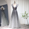 Luxury Feathers Blue V-Neck Beaded Evening Dress SS335