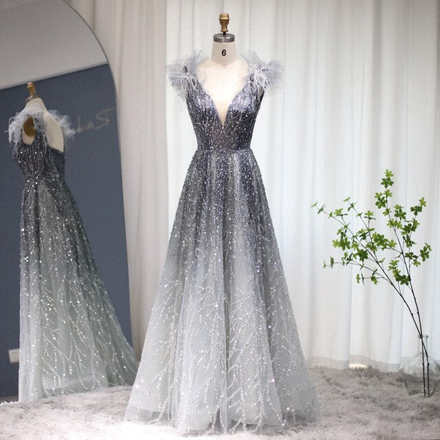 Luxury Feathers Blue V-Neck Beaded Evening Dress SS335