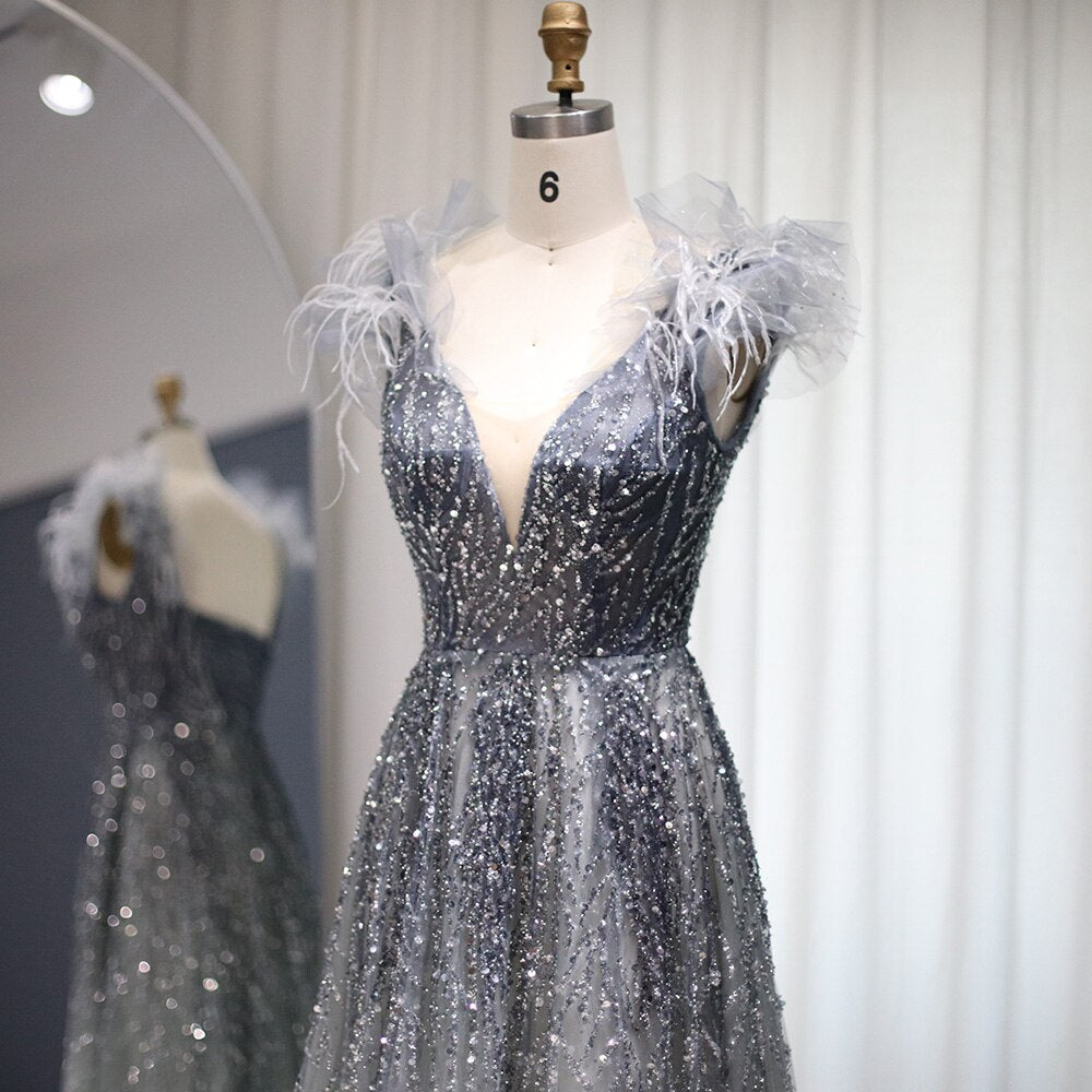 Luxury Feathers Blue V-Neck Beaded Evening Dress SS335