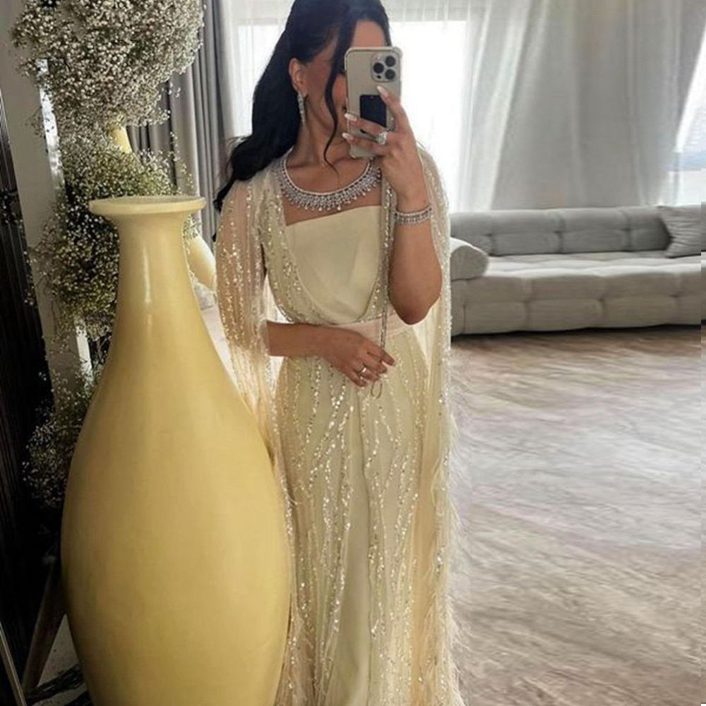 Luxury Feathers Light Yellow Evening Dress with Cape Sleeves SS420