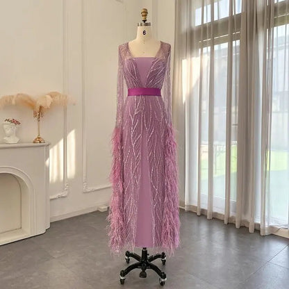 Luxury Feathers Yellow Evening Dress with Cape Sleeves SS420