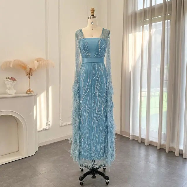 Luxury Feathers Yellow Evening Dress with Cape Sleeves SS420