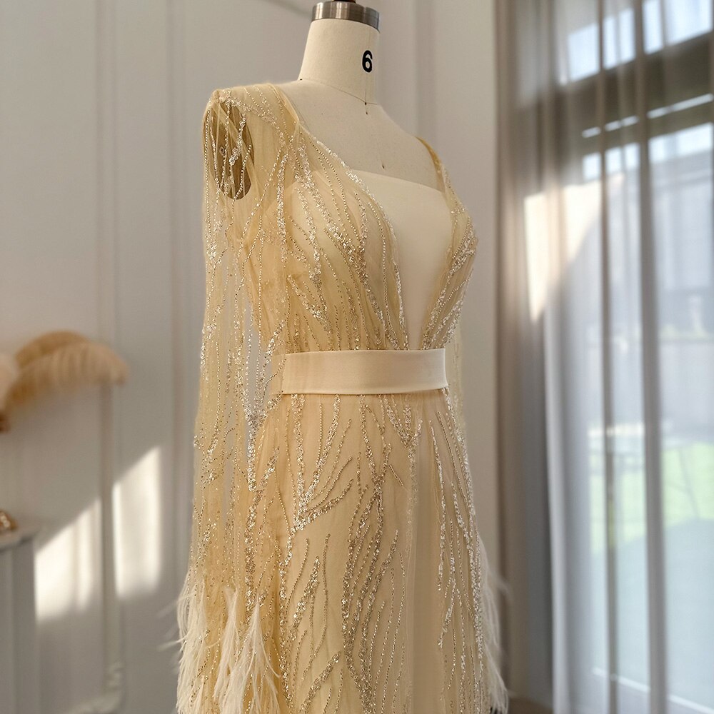 Luxury Feathers Light Yellow Evening Dress with Cape Sleeves SS420