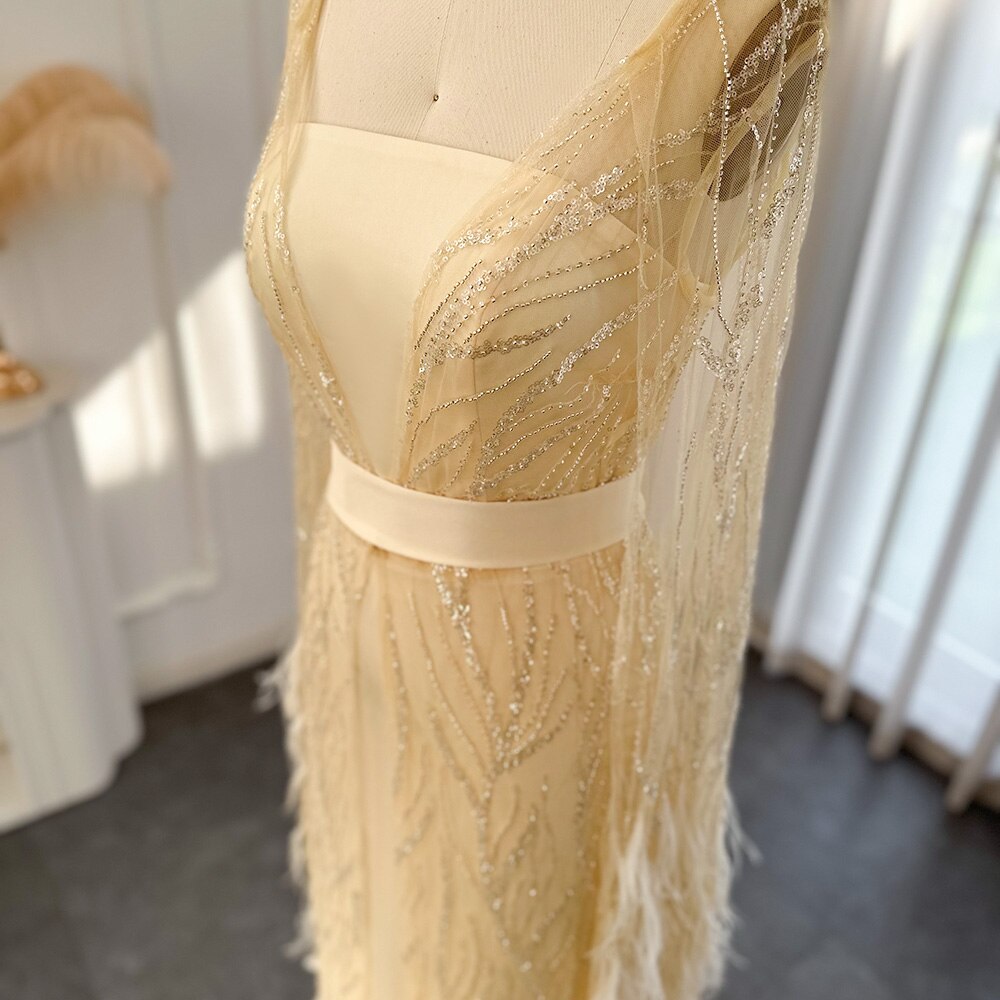 Luxury Feathers Light Yellow Evening Dress with Cape Sleeves SS420