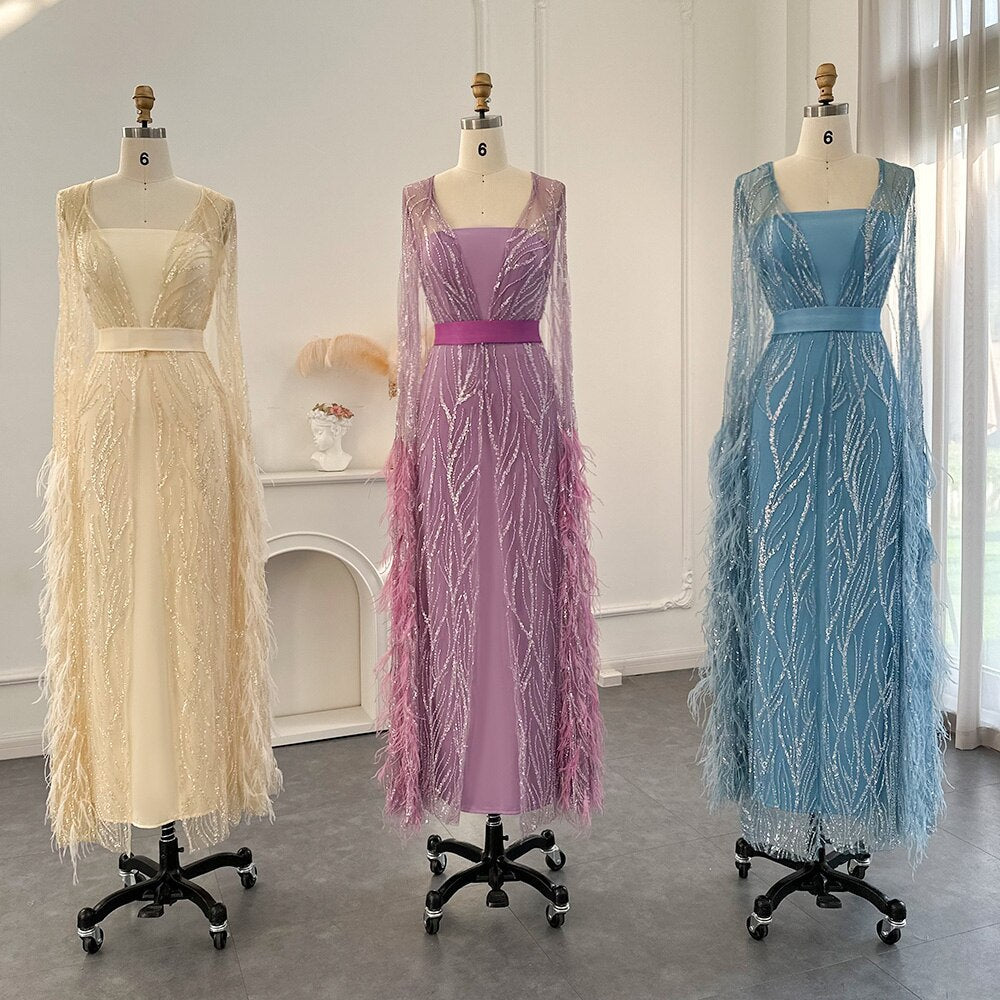 Luxury Feathers Light Yellow Evening Dress with Cape Sleeves SS420