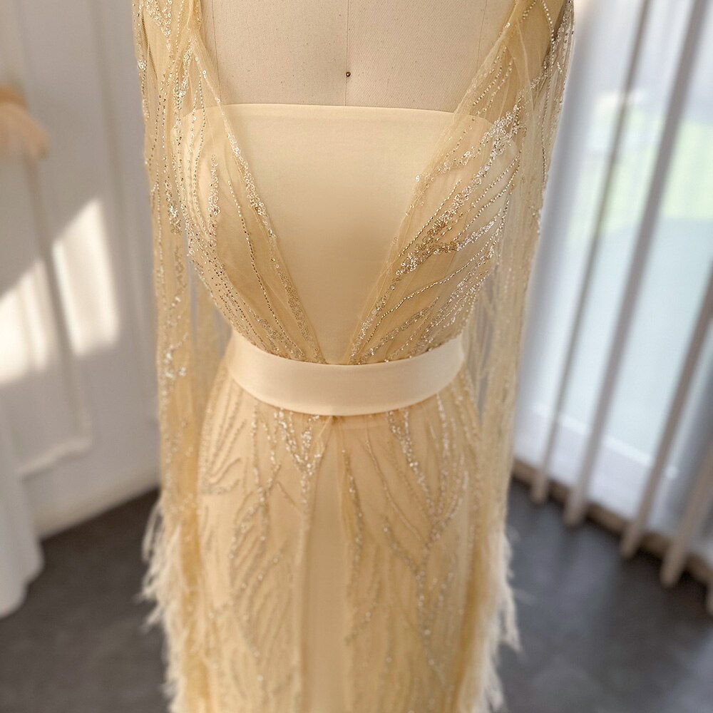 Luxury Feathers Light Yellow Evening Dress with Cape Sleeves SS420
