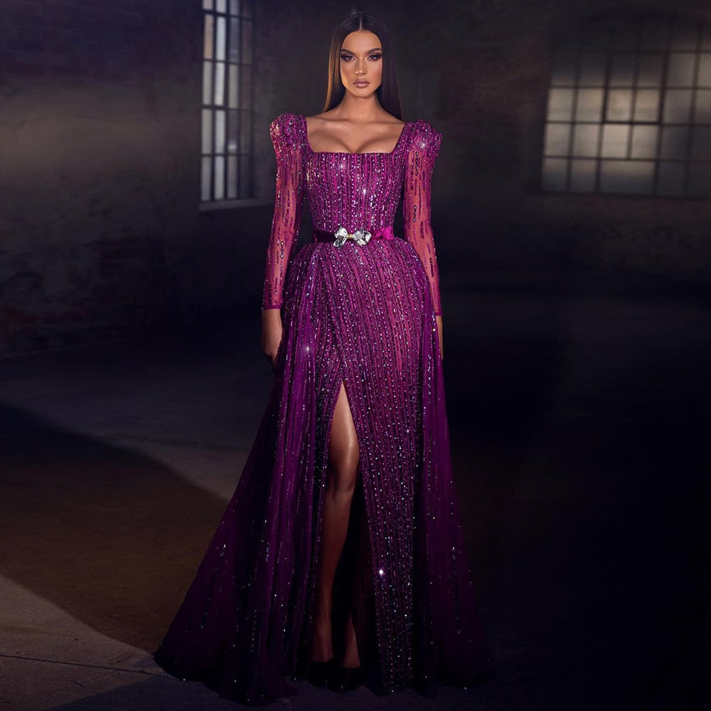 Luxury Fuchsia Long Sleeve Evening Dresses with Overskirt SS318