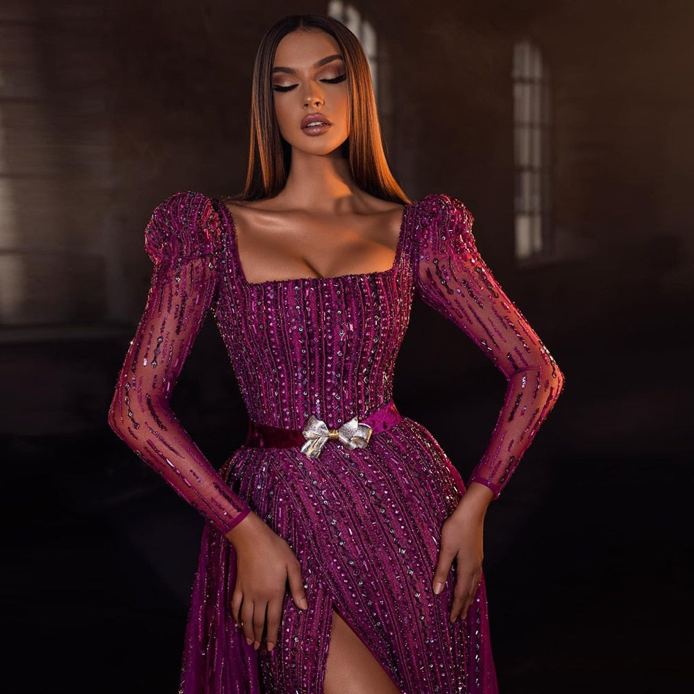 Luxury Fuchsia Long Sleeve Evening Dresses with Overskirt SS318