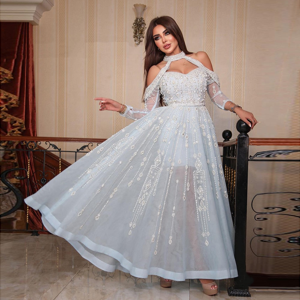 Luxury Beaded Light Blue Off Shoulder A-Line Evening Dress SS418