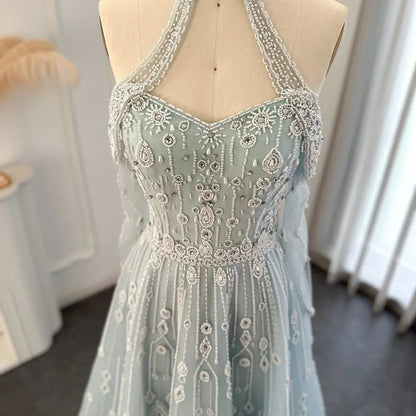 Luxury Blue Off Shoulder Halter Evening Dress SS418