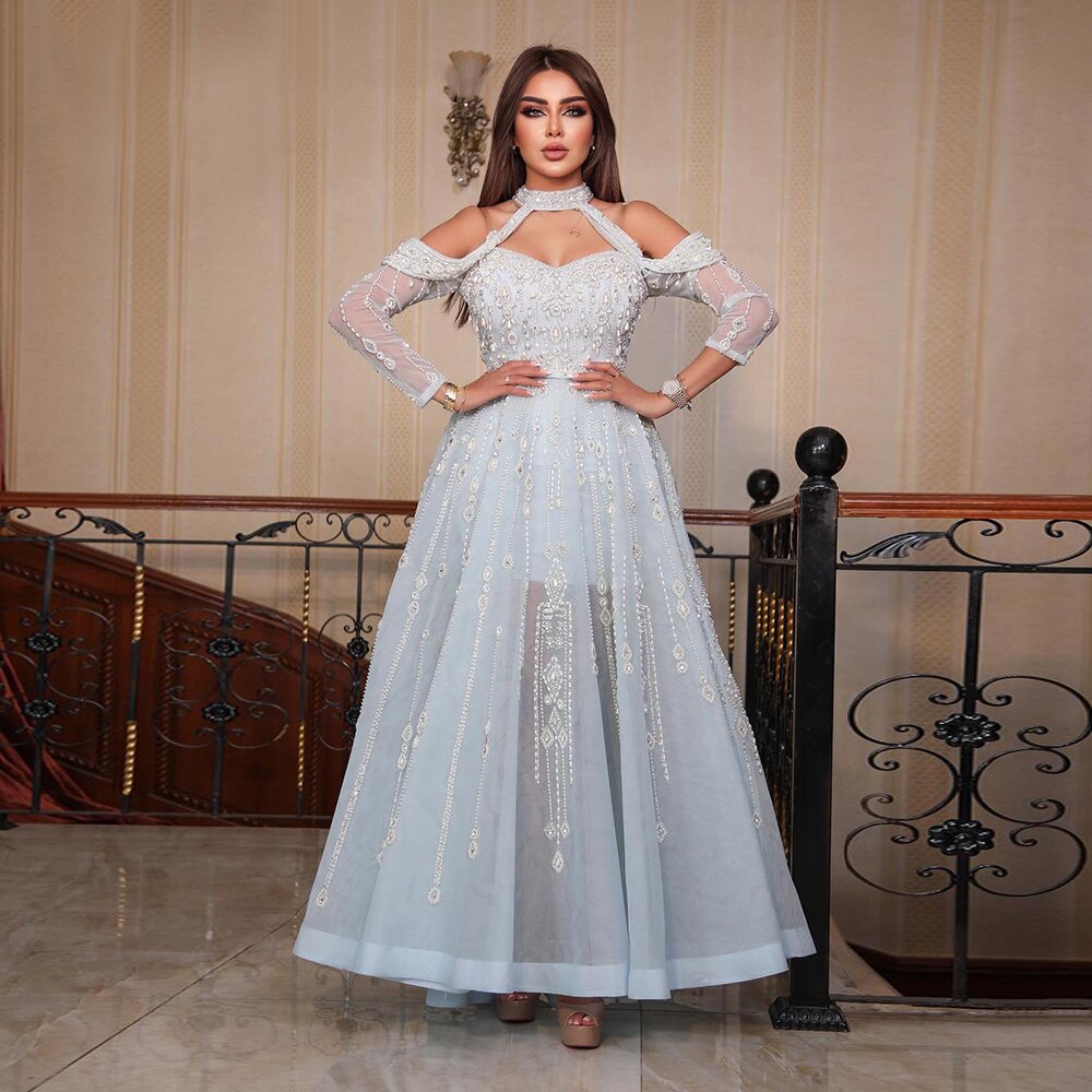 Luxury Beaded Light Blue Off Shoulder A-Line Evening Dress SS418