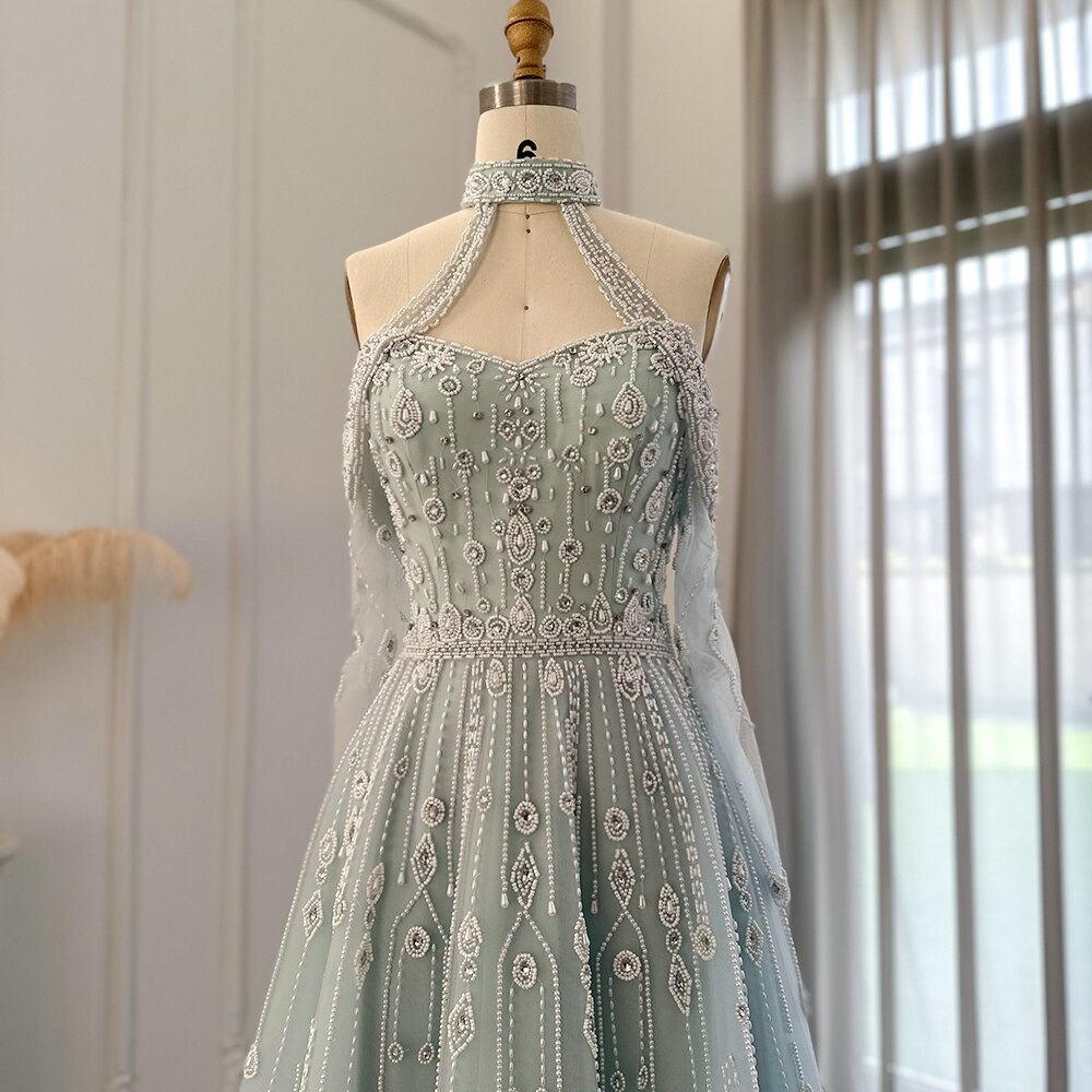 Luxury Beaded Light Blue Off Shoulder A-Line Evening Dress SS418