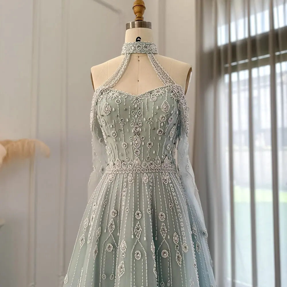 Luxury Blue Off Shoulder Halter Evening Dress SS418