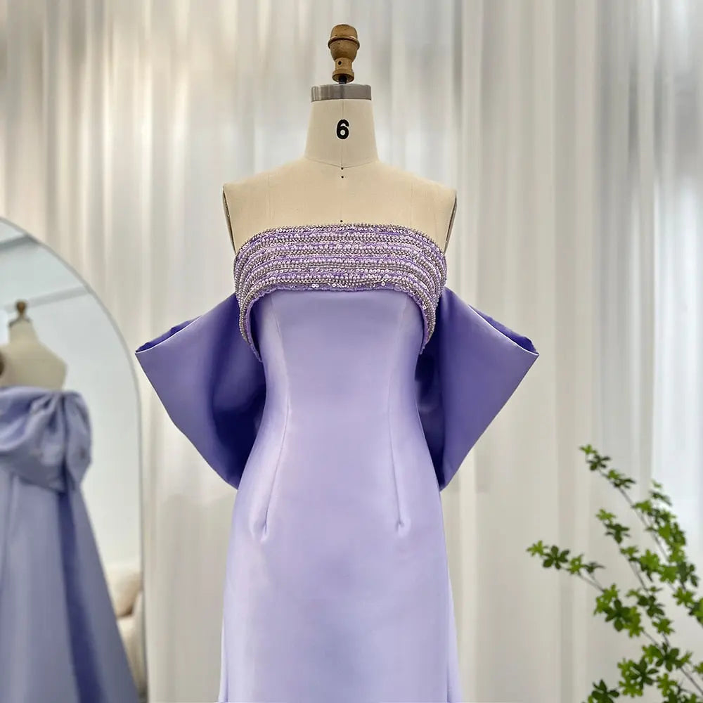 Luxury Lilac Beaded Evening Dress with Bow Cape SS319