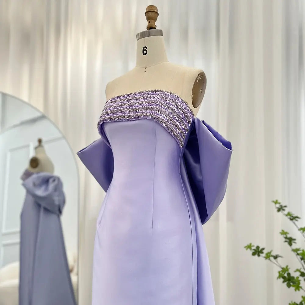 Luxury Lilac Beaded Evening Dress with Bow Cape SS319
