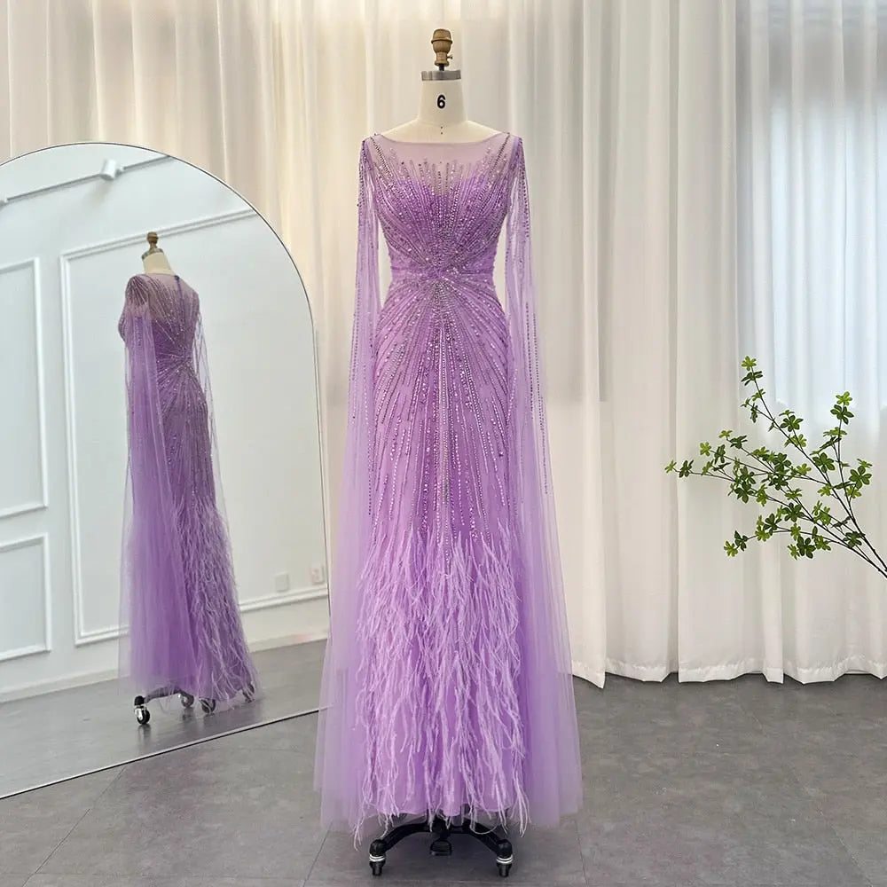 Luxury Lilac Feathers Evening Dress with Cape Sleeves SS196