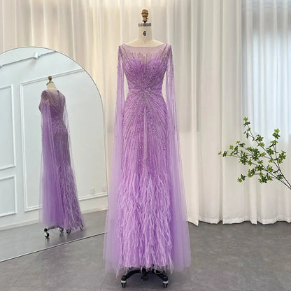 Luxury Lilac Feathers Evening Dress with Cape Sleeves SS196