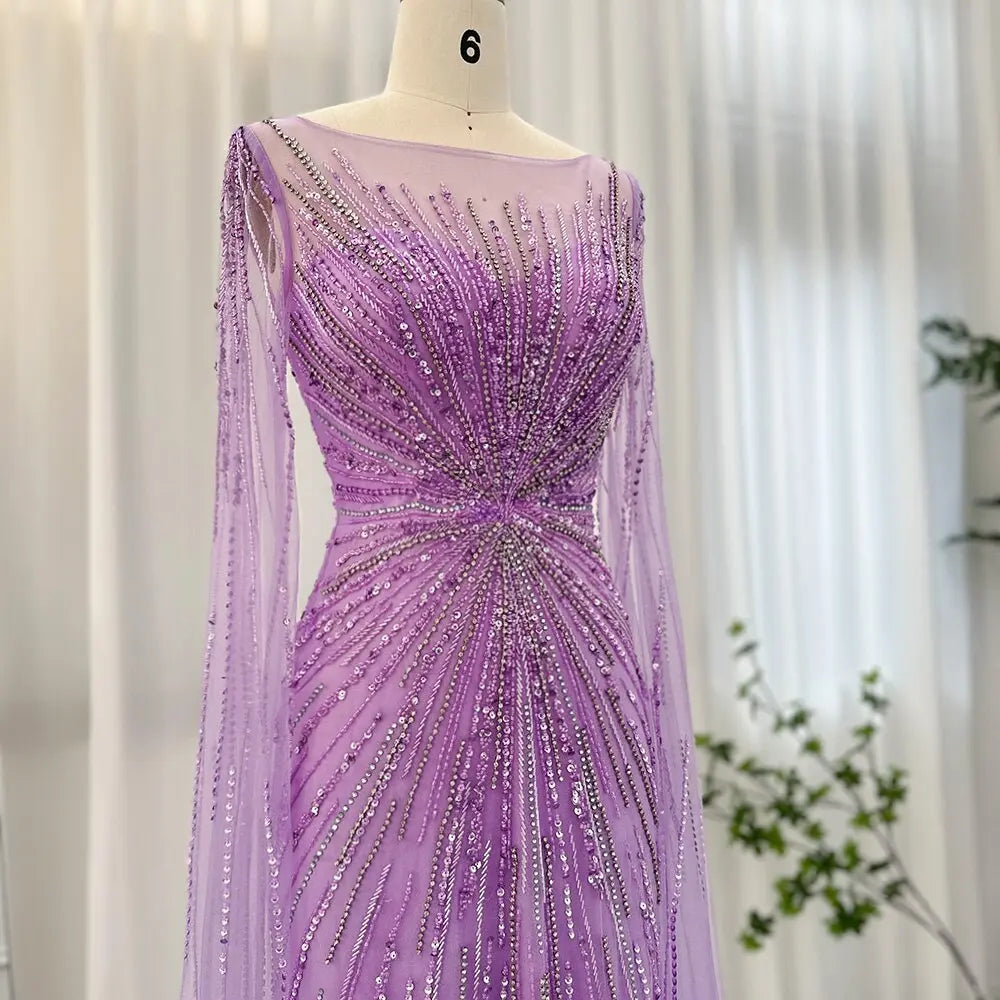 Luxury Lilac Feathers Evening Dress with Cape Sleeves SS196