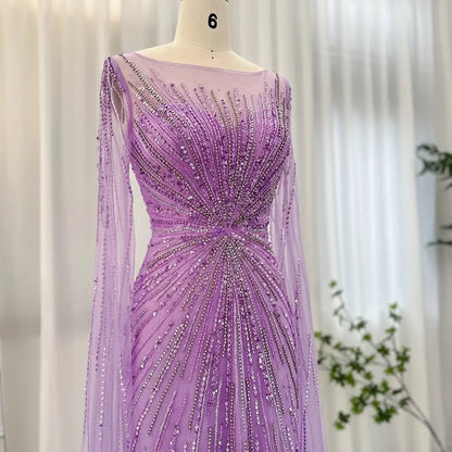 Luxury Lilac Feathers Evening Dress with Cape Sleeves SS196