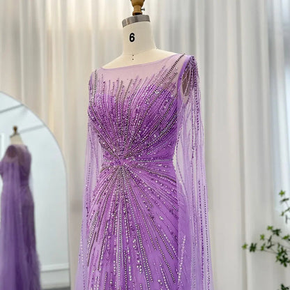 Luxury Lilac Feathers Evening Dress with Cape Sleeves SS196