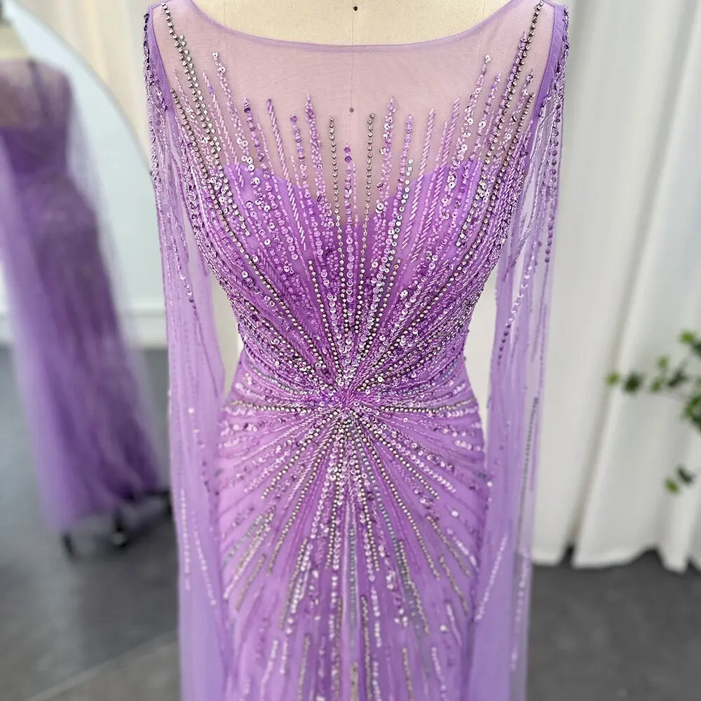 Luxury Lilac Feathers Evening Dress with Cape Sleeves SS196