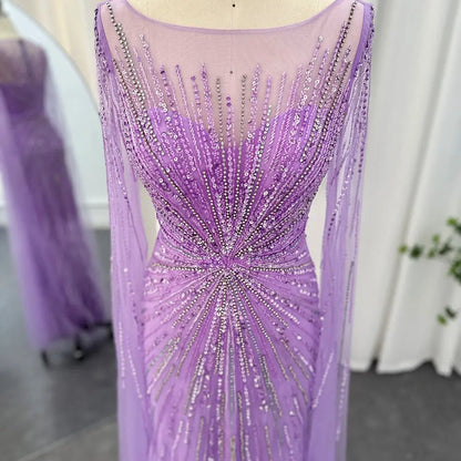 Luxury Lilac Feathers Evening Dress with Cape Sleeves SS196