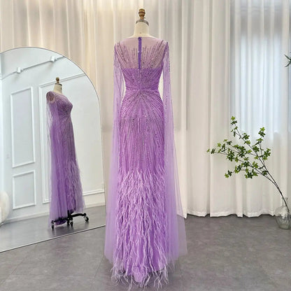 Luxury Lilac Feathers Evening Dress with Cape Sleeves SS196