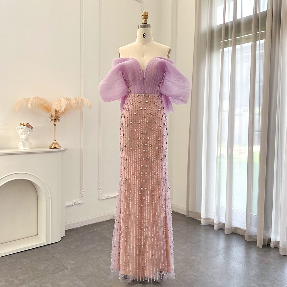 Luxury Beaded Lilac Off Shoulder Long Evening Dress SS327