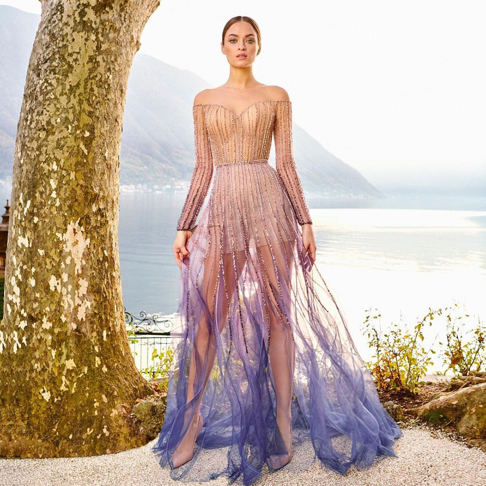 Luxury Beaded Gradient Long Sleeve A-Line Evening Dress SS328