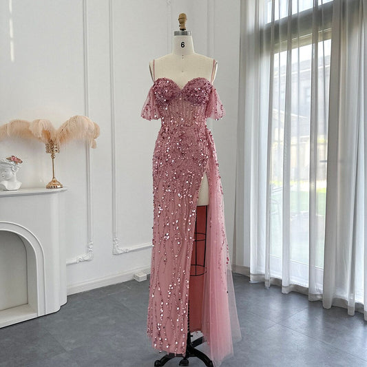 Luxury Mermaid Pink Sequin Evening Dress with High Slit SS356