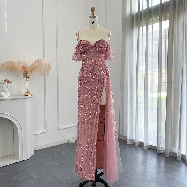 Luxury Mermaid Pink Sequin Evening Dress with High Slit SS356