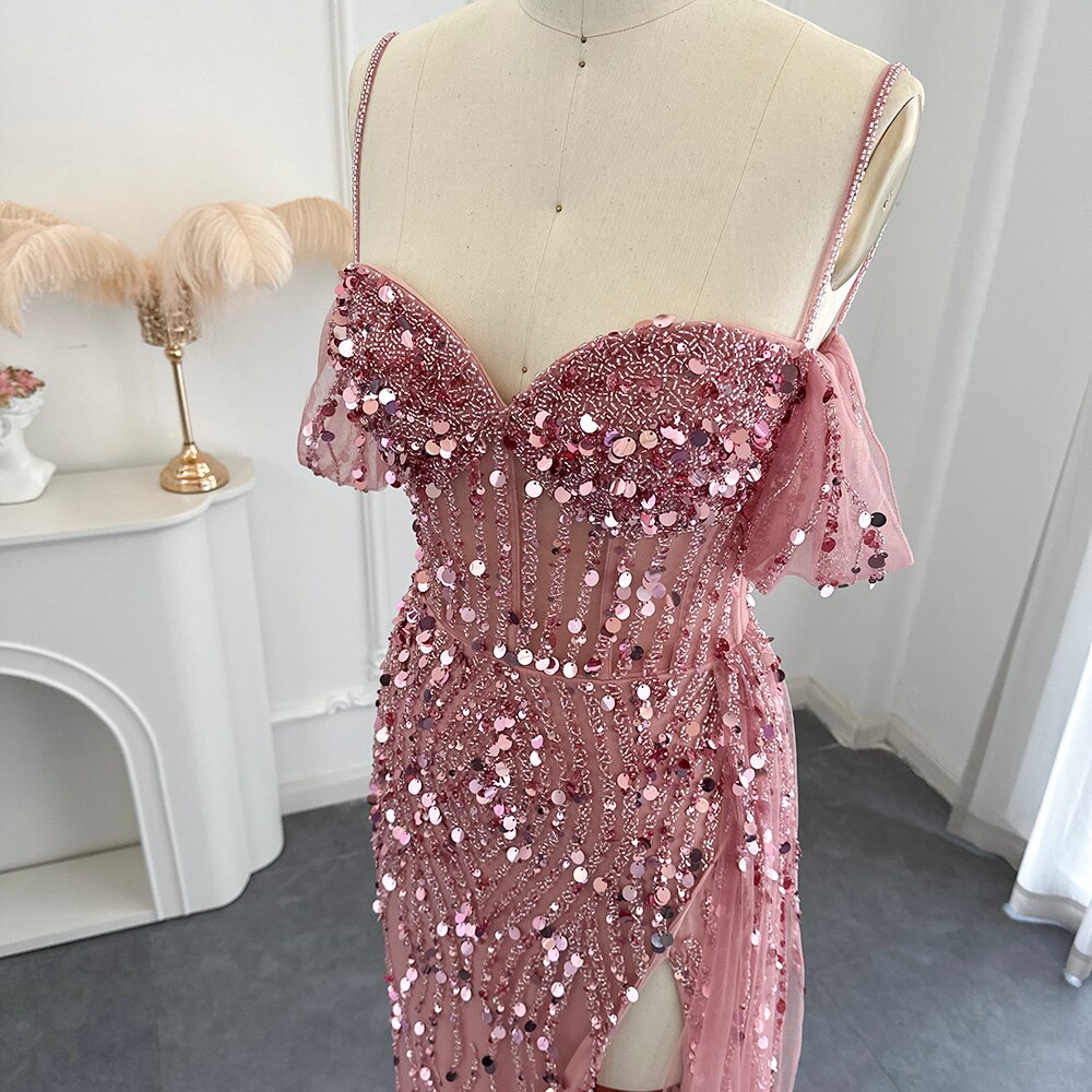 Luxury Mermaid Pink Sequin Evening Dress with High Slit SS356