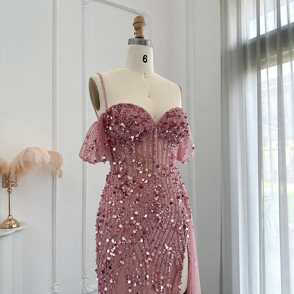 Luxury Mermaid Pink Sequin Evening Dress with High Slit SS356