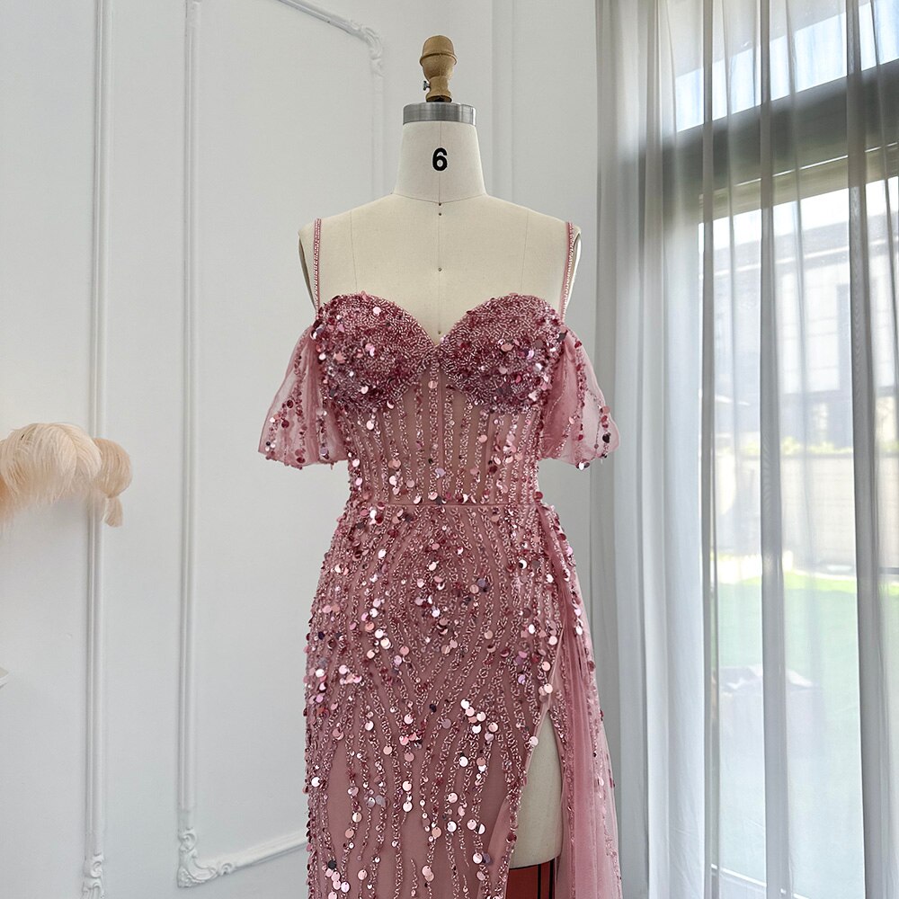 Luxury Mermaid Pink Sequin Evening Dress with High Slit SS356