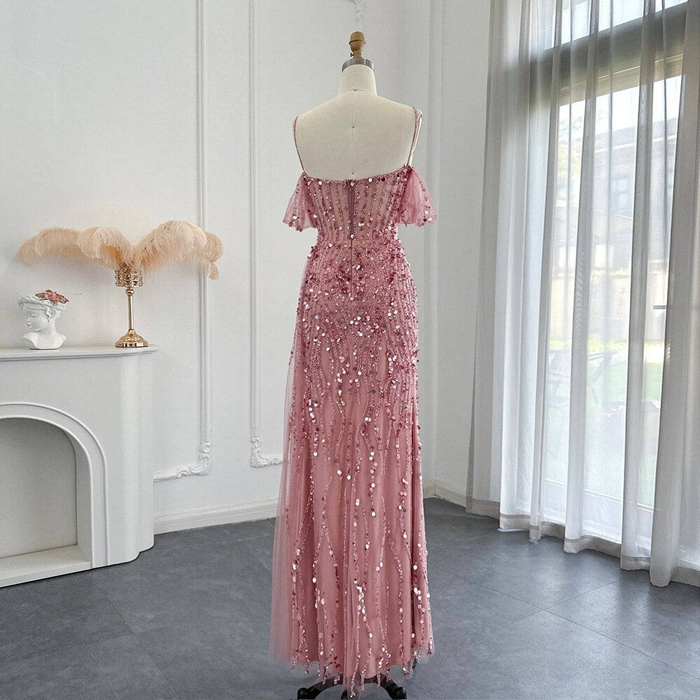Luxury Mermaid Pink Sequin Evening Dress with High Slit SS356