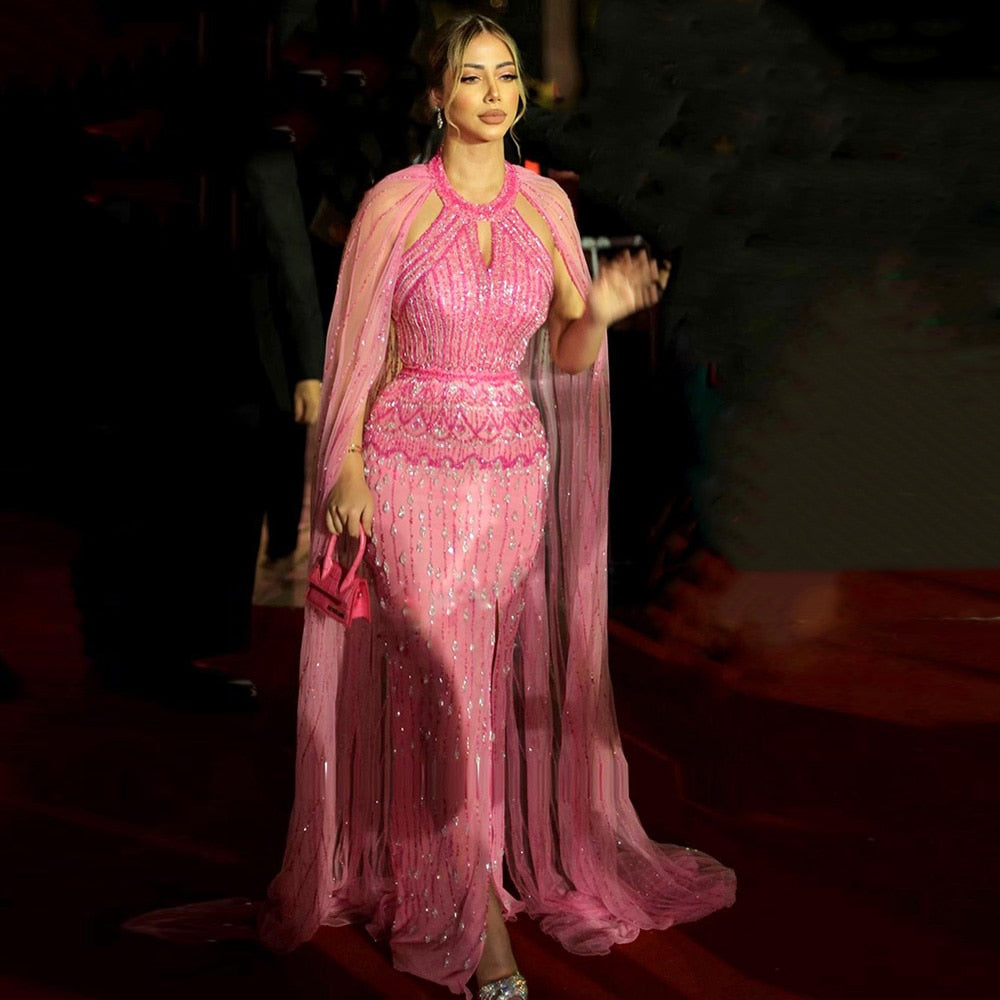Luxury Mermaid Pink Evening Dress with Cape Sleeves SS361