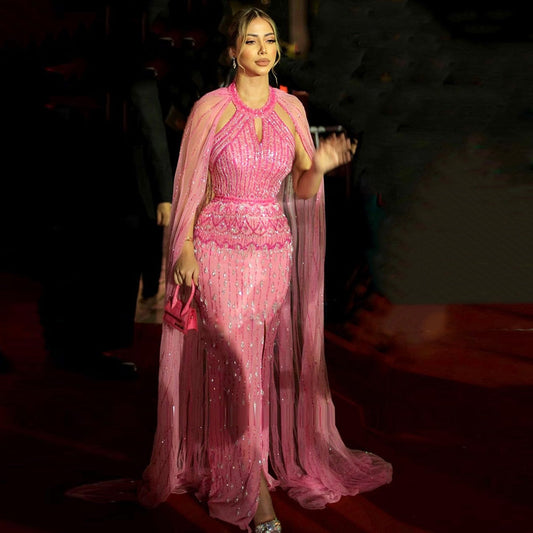 Luxury Mermaid Pink Evening Dress with Cape Sleeves SS361