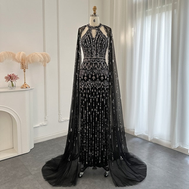 Luxury Mermaid Pink Evening Dress with Cape Sleeves SS361