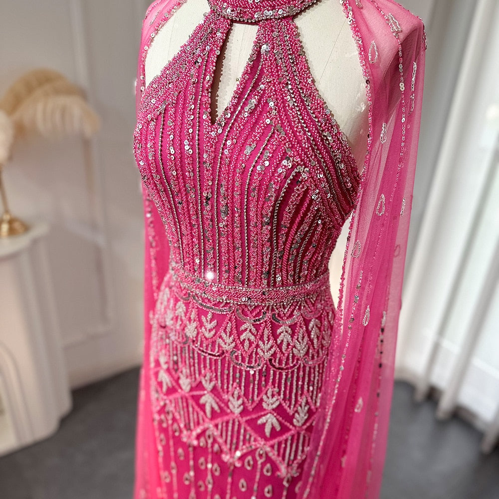 Luxury Mermaid Pink Evening Dress with Cape Sleeves SS361